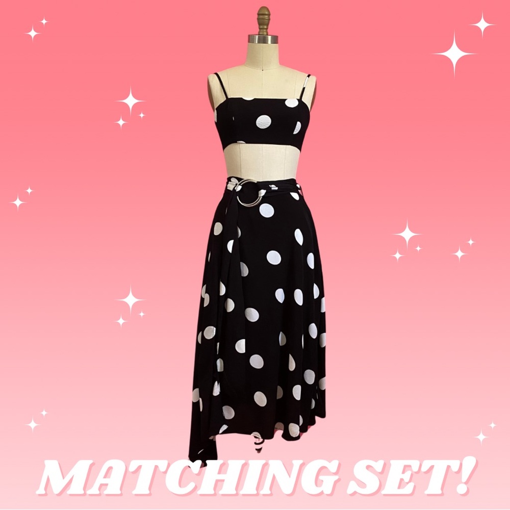 Free People Darling Polka Dot MATCHING SET Crop Tank Midi Skirt O-Ring Sash Belt